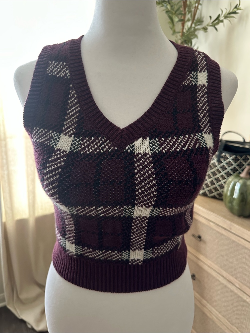 Hollister Burgundy Plaid V-Neck Sweater Vest